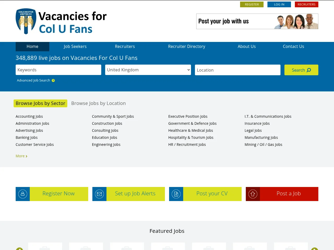 Vacancies For Col U Fans job board platform screenshot showing job search interface