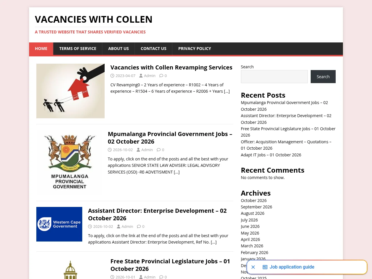 Vacancies with Collen job board platform screenshot showing job search interface