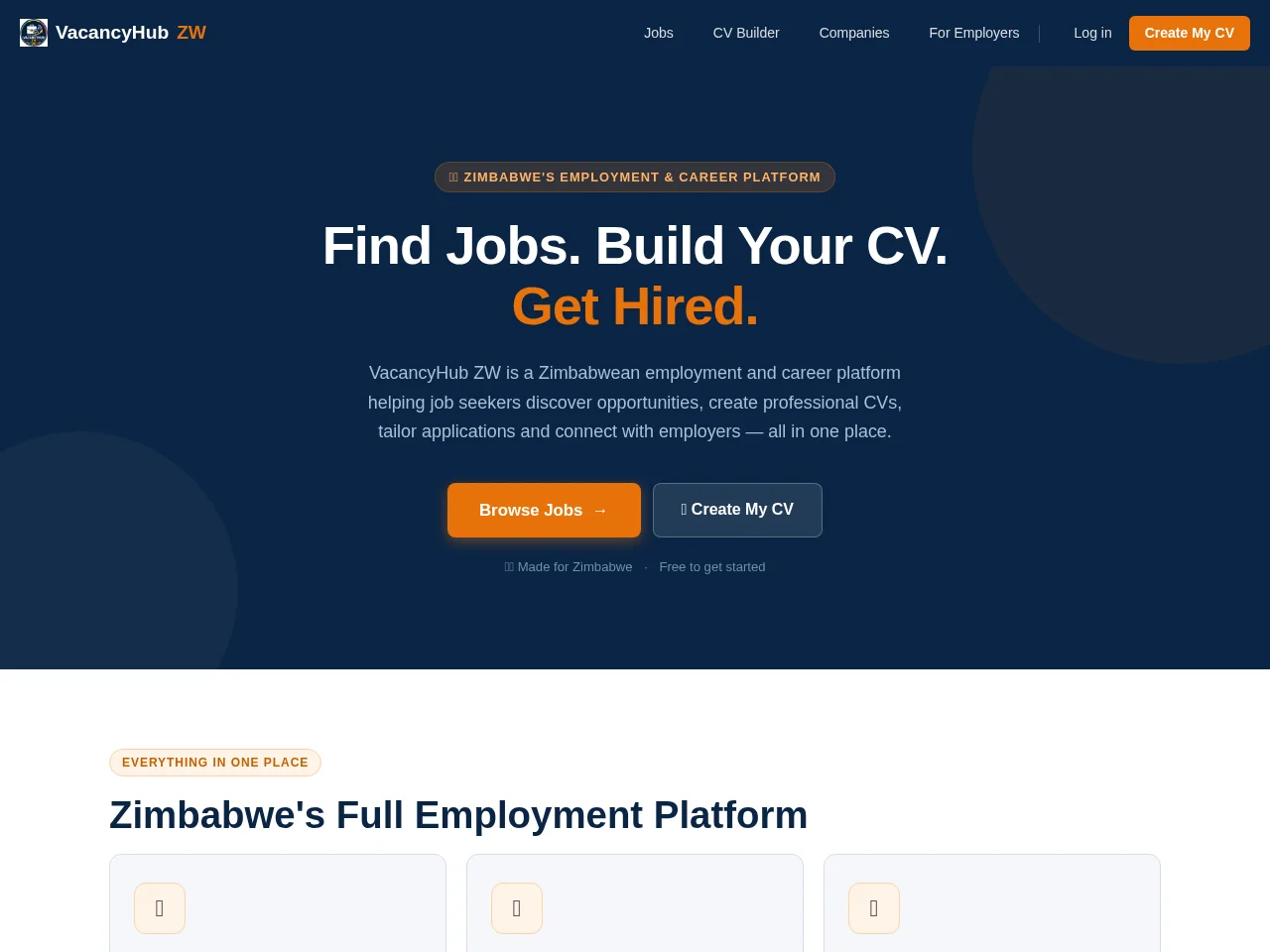 VacancyHub ZW job board platform screenshot showing job search interface