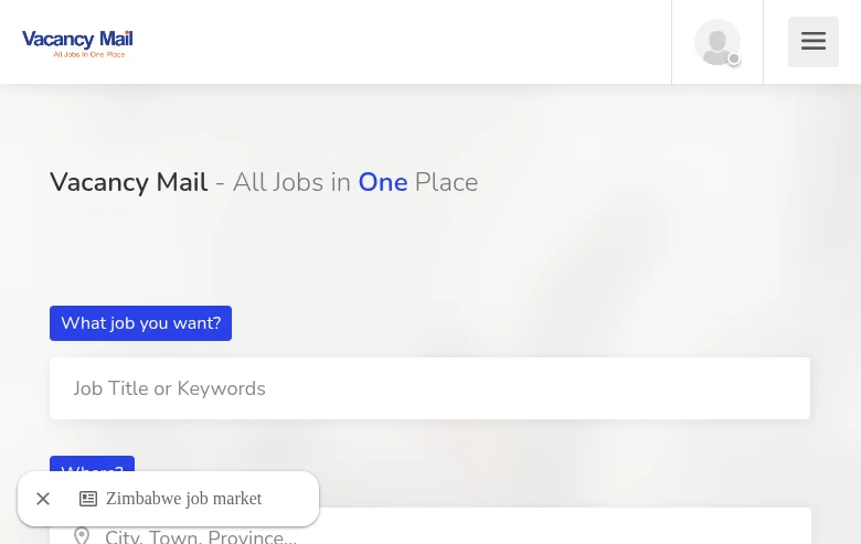 VacancyMail job board platform screenshot showing job search interface