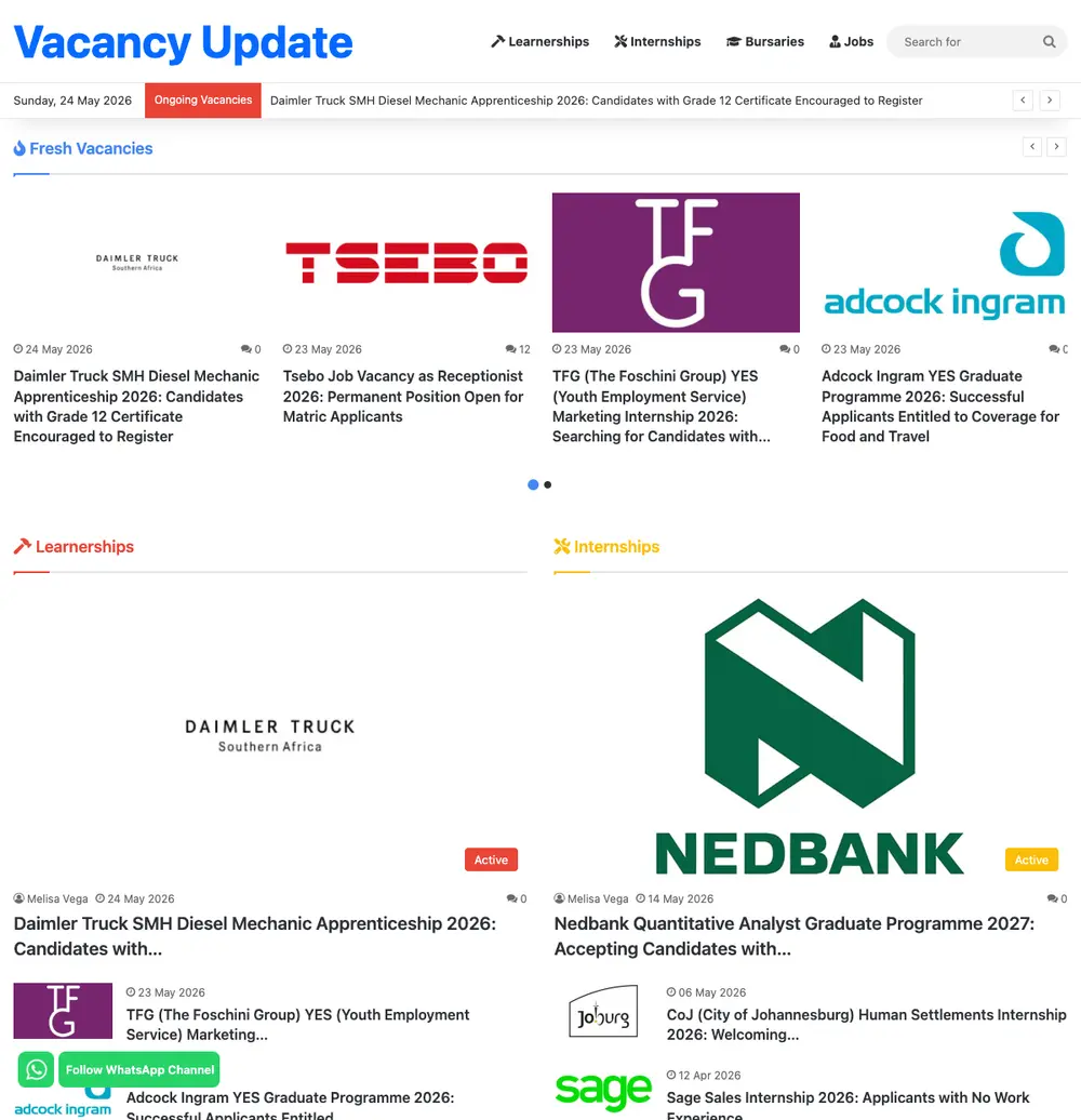 Vacancy Update job board platform screenshot showing job search interface