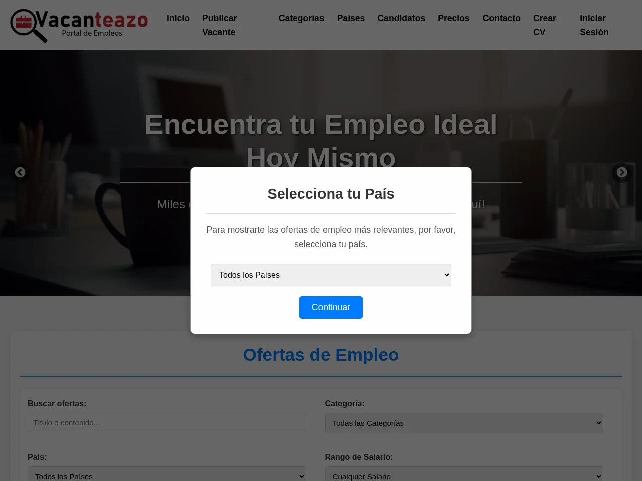 Vacanteazo job board platform screenshot showing job search interface
