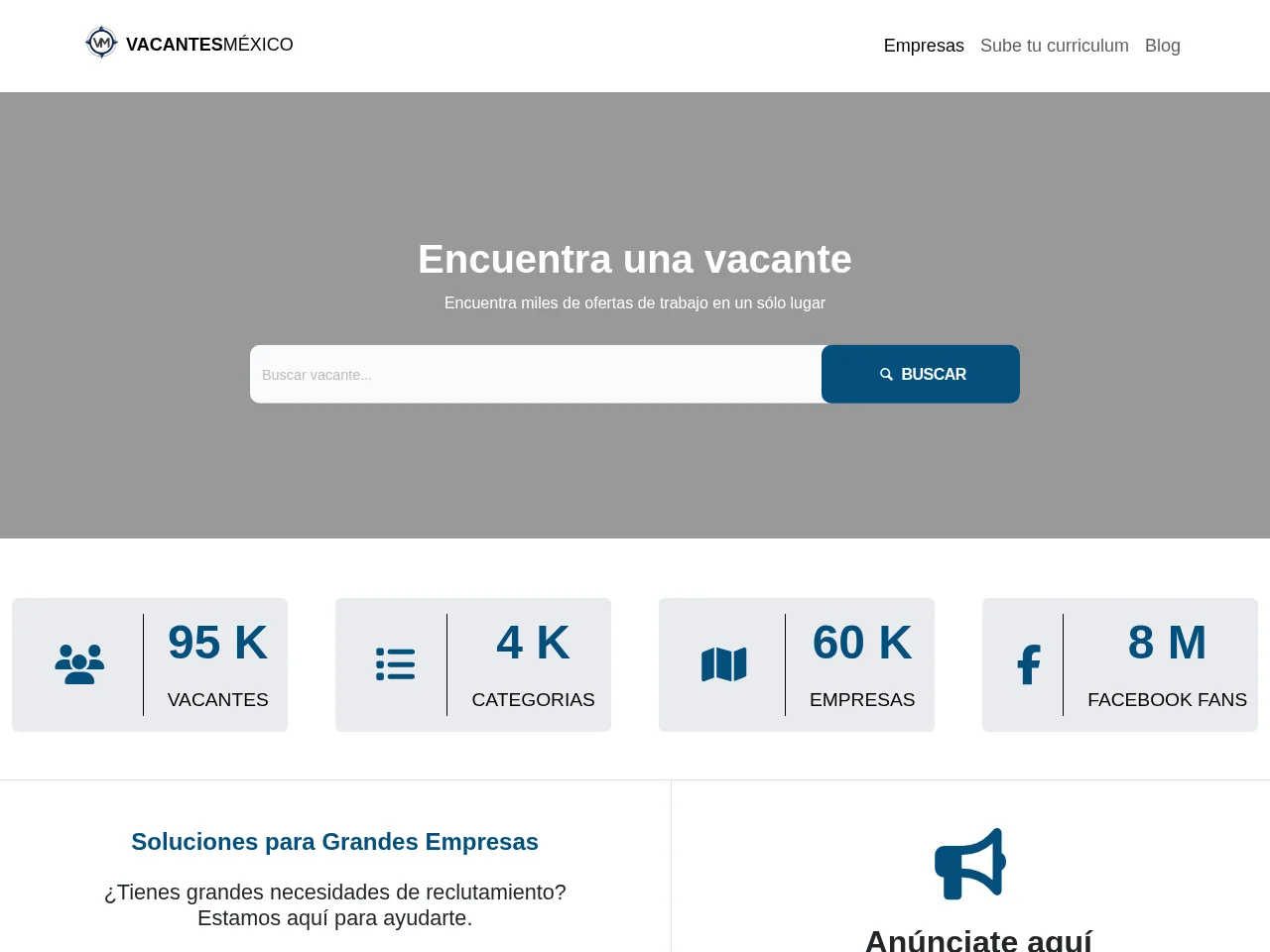 Vacantes México job board platform screenshot showing job search interface