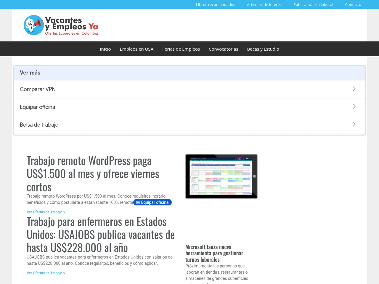 Vacantes y Empleos Ya job board platform screenshot showing job search interface