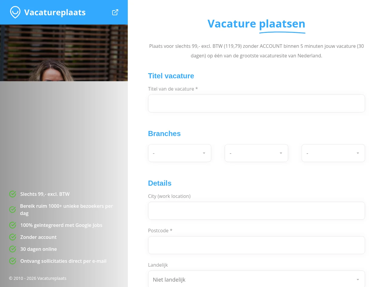 Vacatureplaats job board platform screenshot showing job search interface