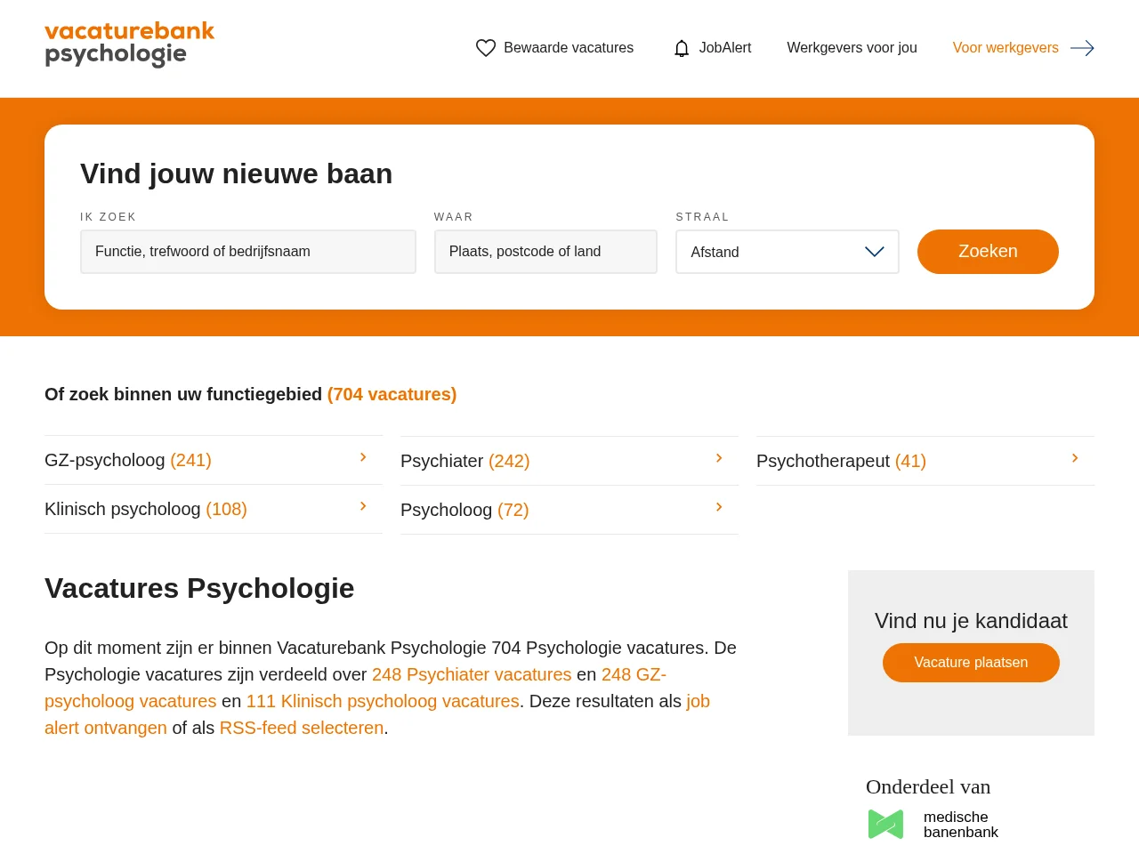 Vacaturebank Psychologie job board platform screenshot showing job search interface