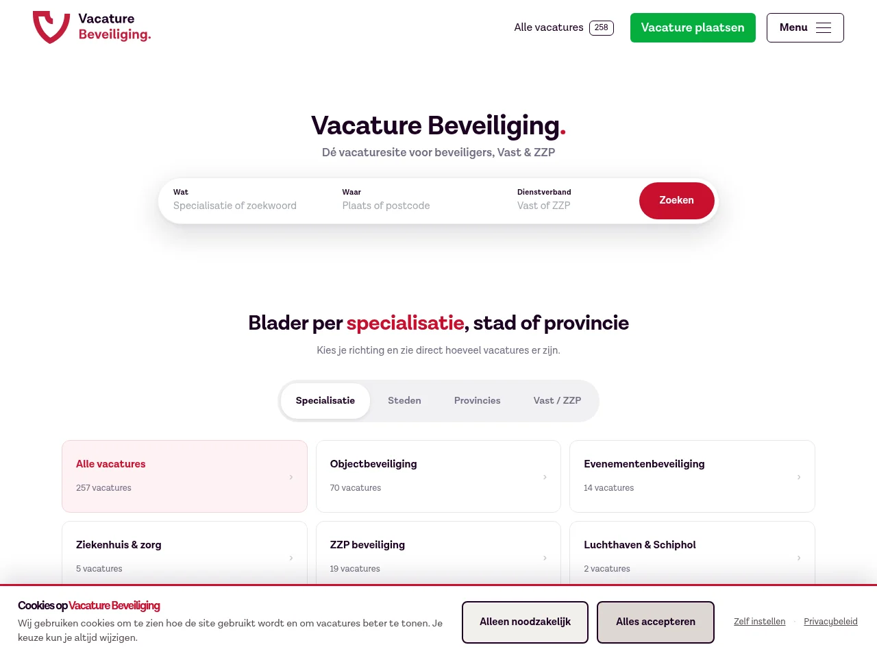 Vacature Beveiliging job board platform screenshot showing job search interface