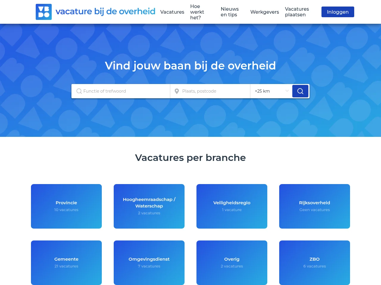 Vacature Bij De Overheid job board platform screenshot showing job search interface