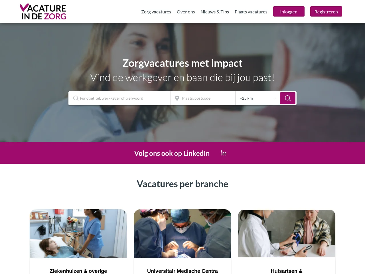 Vacature in de Zorg job board platform screenshot showing job search interface