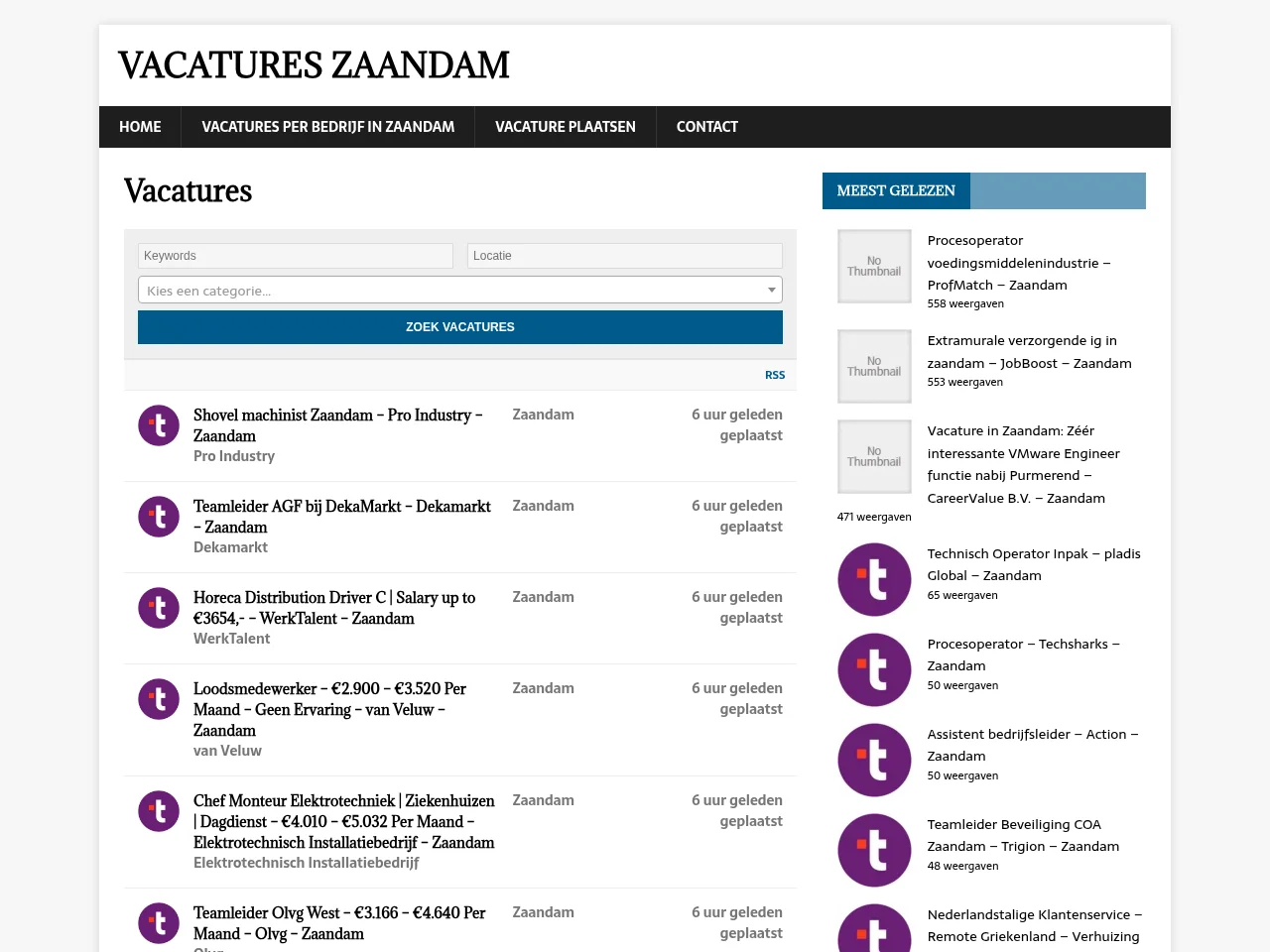 Vacatures Zaandam job board platform screenshot showing job search interface