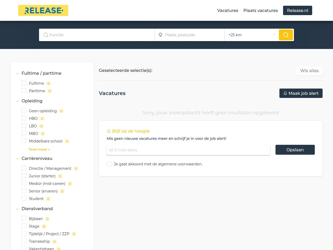 Release vacatures screenshot Release vacatures job board platform screenshot showing job search interface