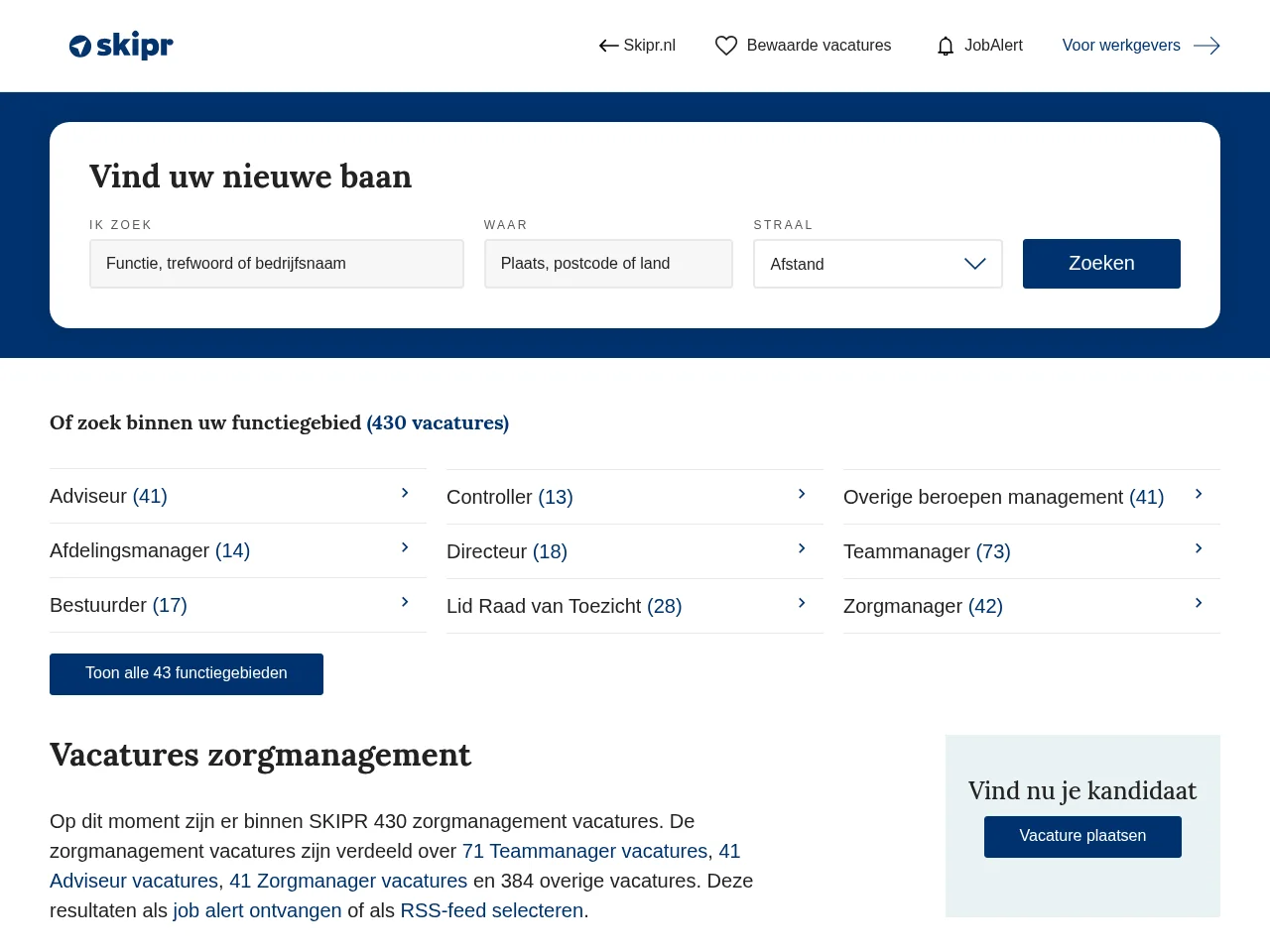 Skipr Vacatures job board platform screenshot showing job search interface