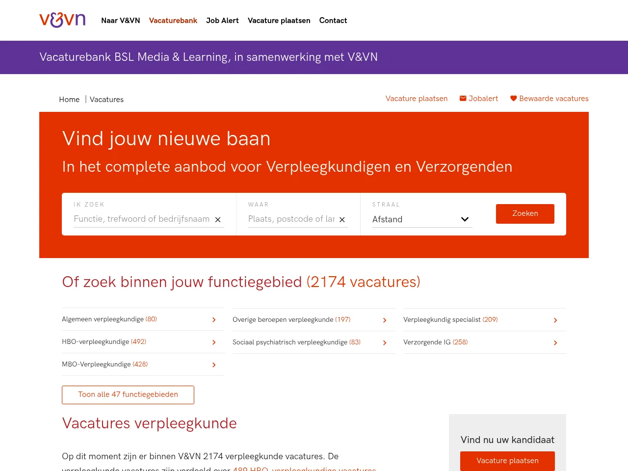 V&VN Vacatures job board platform screenshot showing job search interface