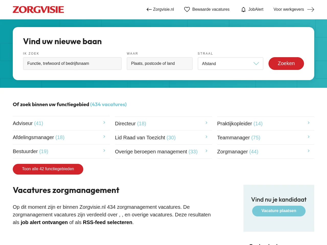 Zorgvisie Vacatures job board platform screenshot showing job search interface