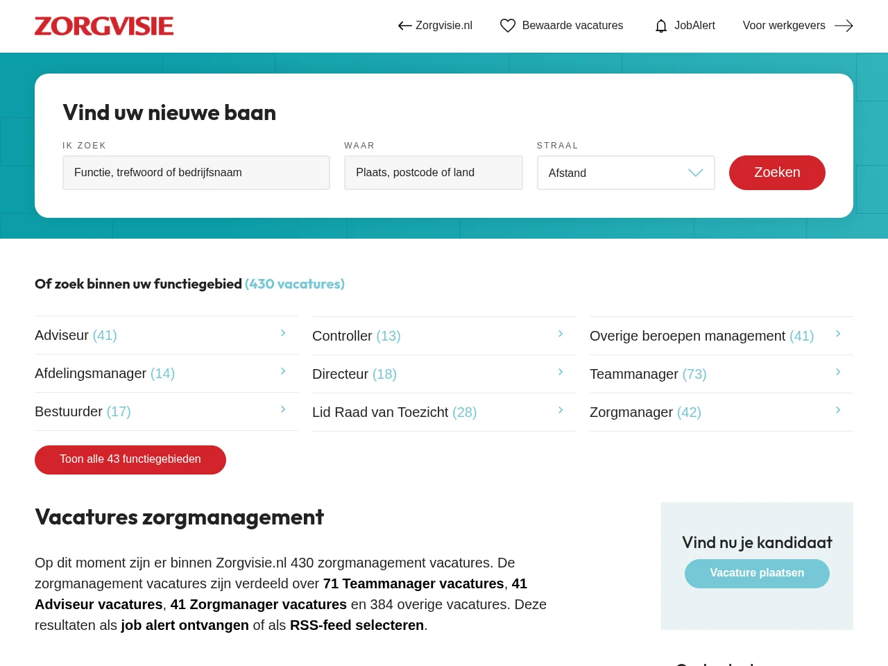 Zorgvisie Vacatures job board platform screenshot showing job search interface