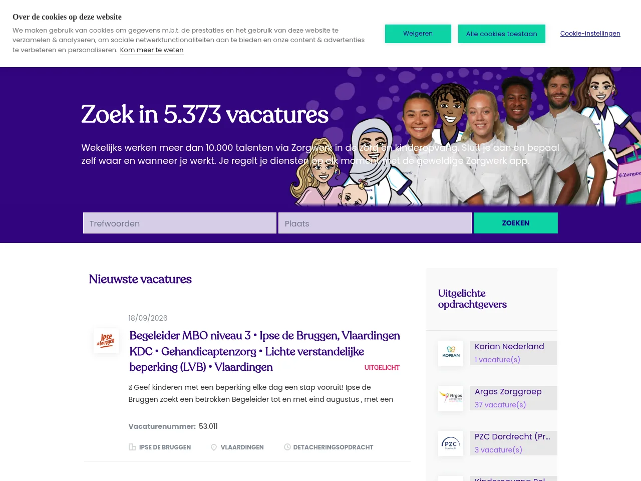 Zorgwerk Vacatures job board platform screenshot showing job search interface