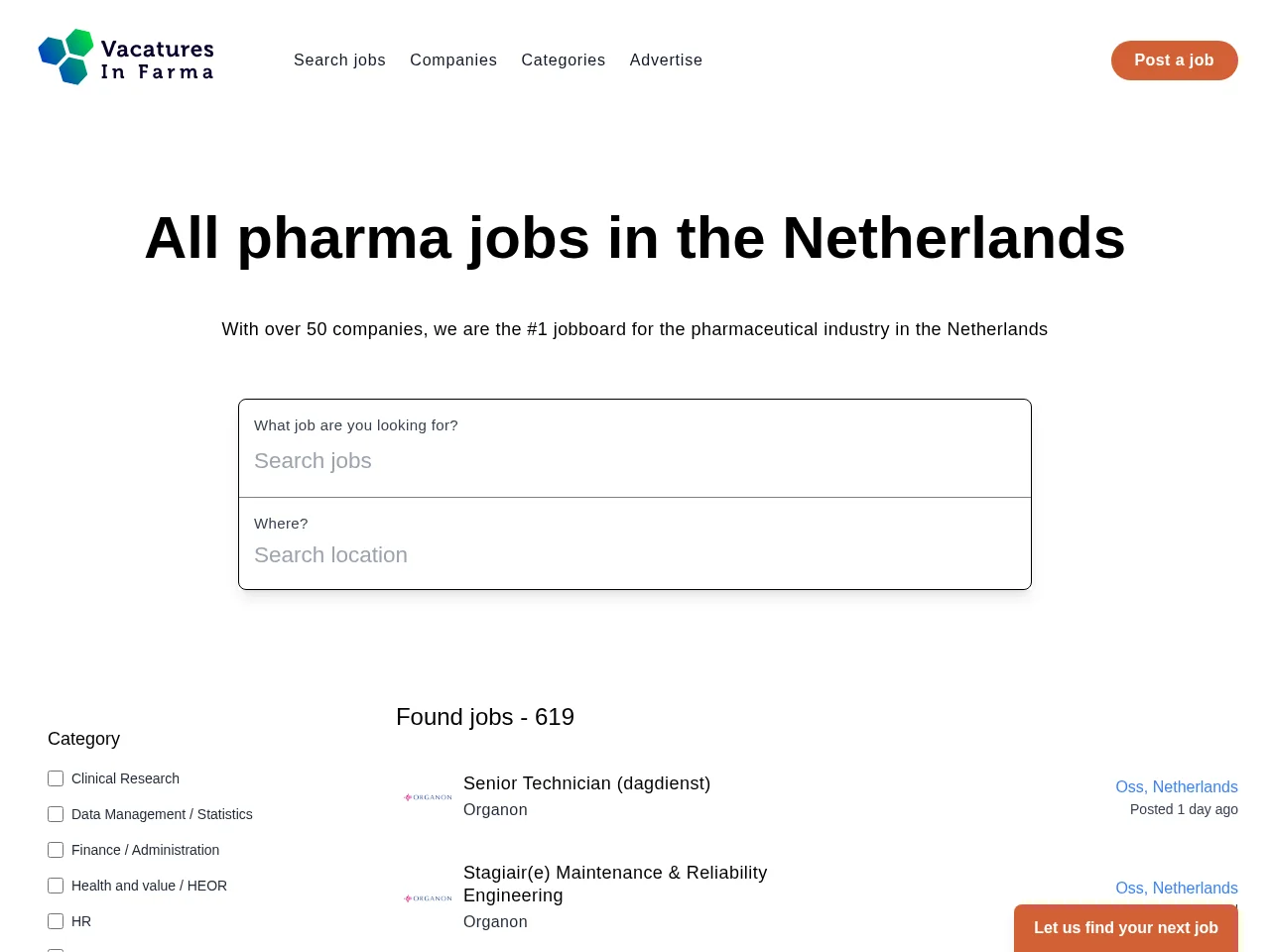 VacaturesInFarma job board platform screenshot showing job search interface