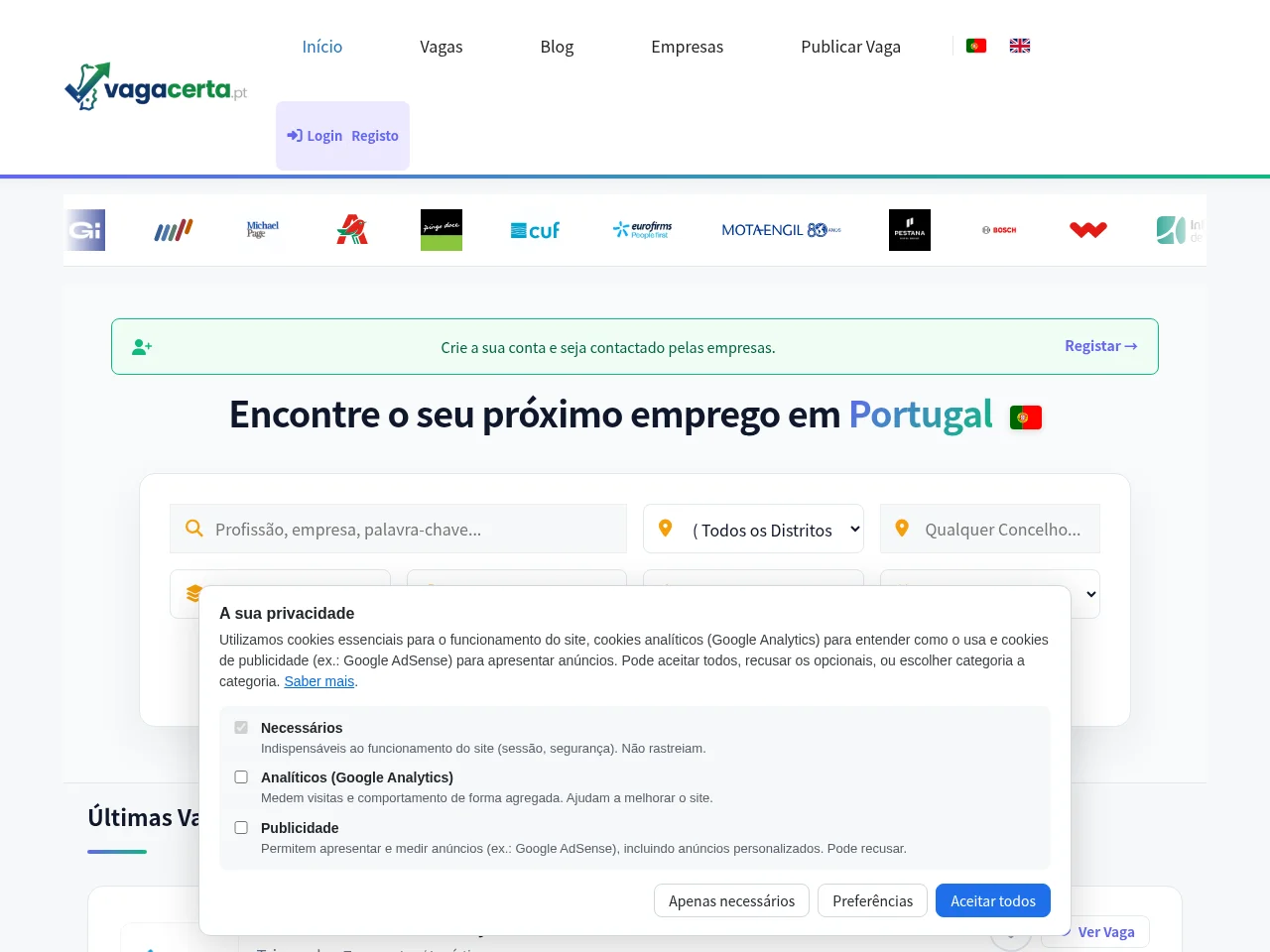 Vagacerta.pt job board platform screenshot showing job search interface