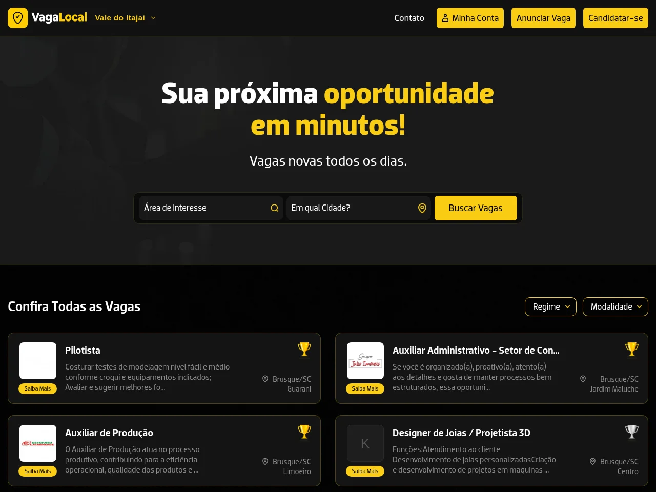Vaga Local job board platform screenshot showing job search interface