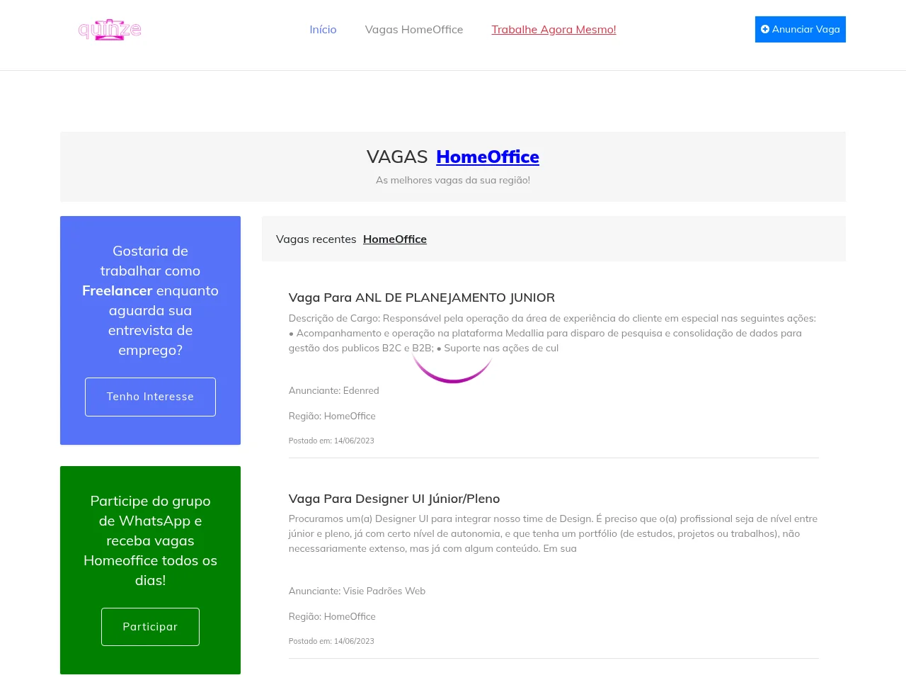 QuinzeConto - Vagas job board platform screenshot showing job search interface