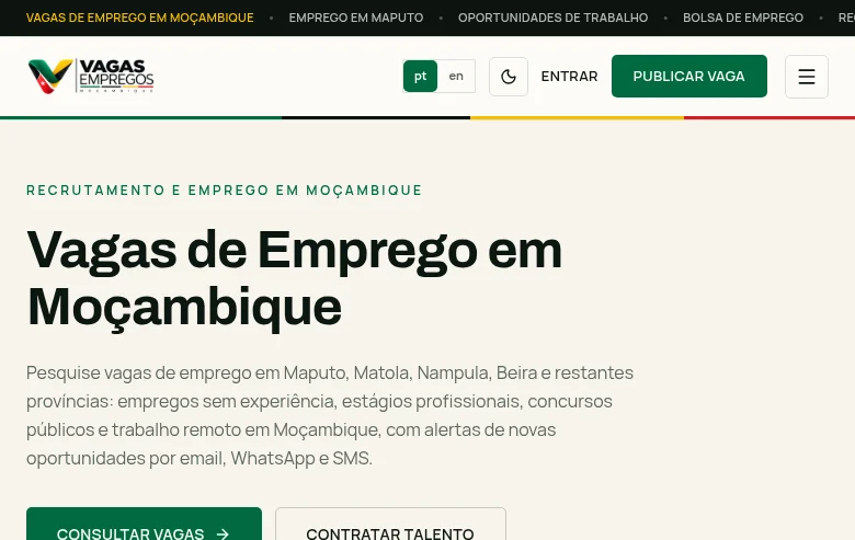 Vagas & Empregos em Moçambique job board platform screenshot showing job search interface