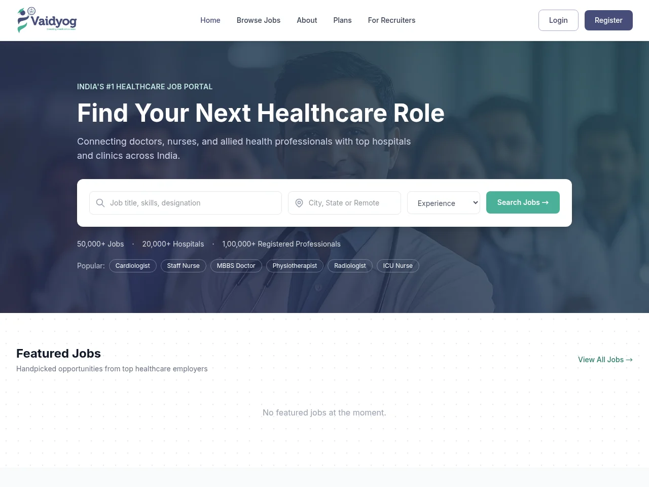 Vaidyog job board platform screenshot showing job search interface