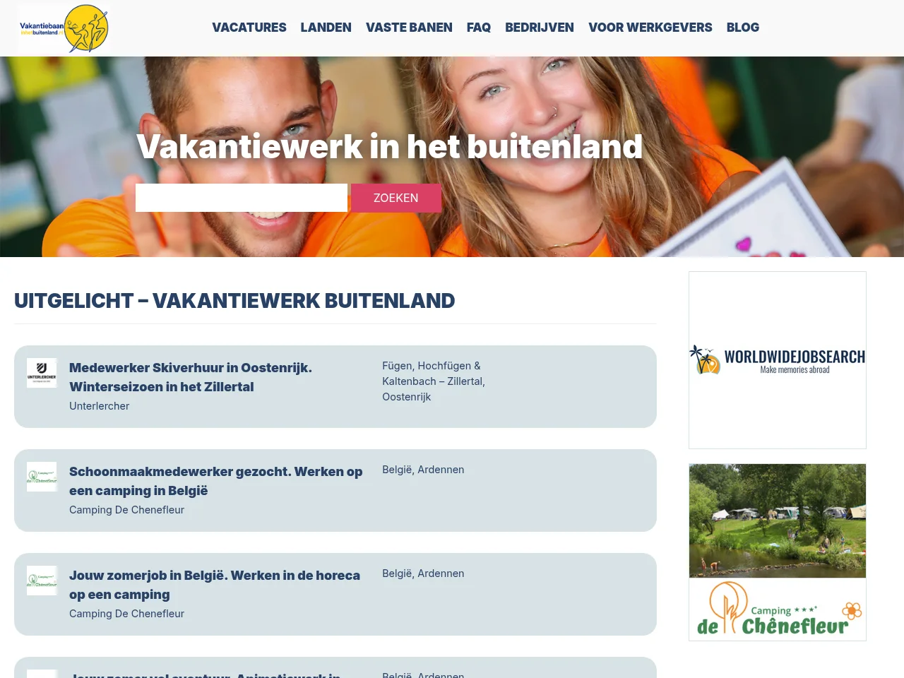 Vakantiebaan in het Buitenland job board platform screenshot showing job search interface