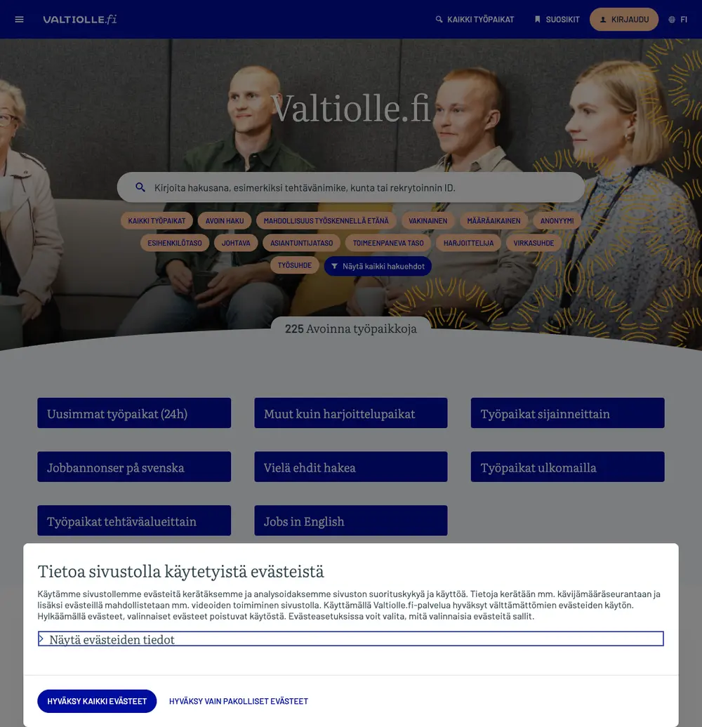 Valtiolle.fi job board platform screenshot showing job search interface