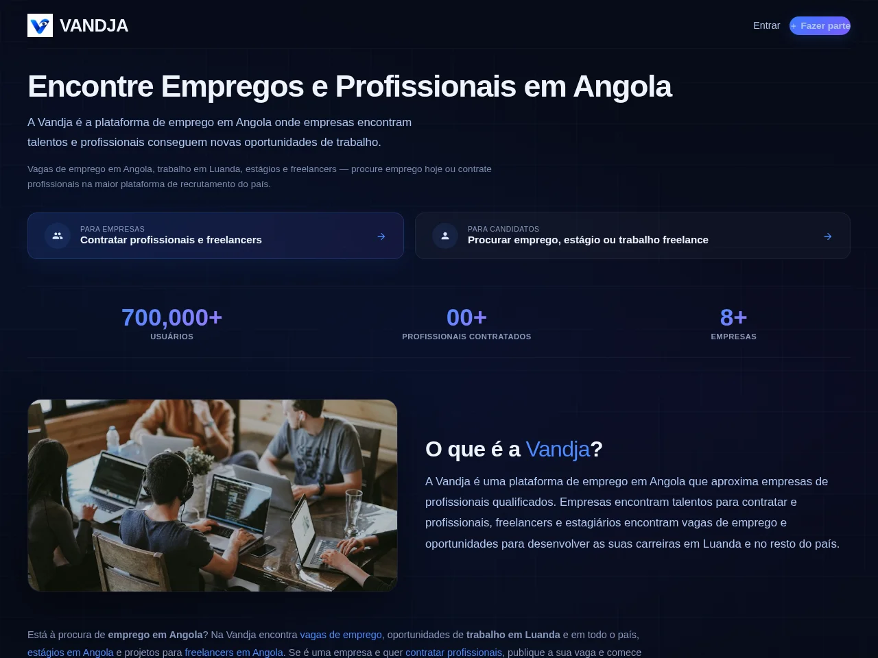 Vandja job board platform screenshot showing job search interface