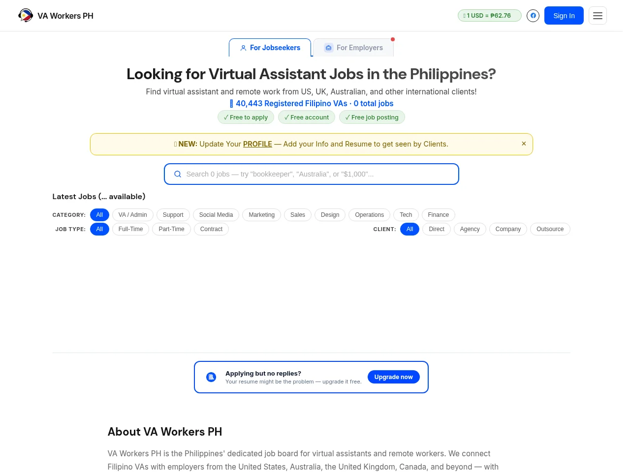 VA Workers PH screenshot VA Workers PH job board platform screenshot showing job search interface