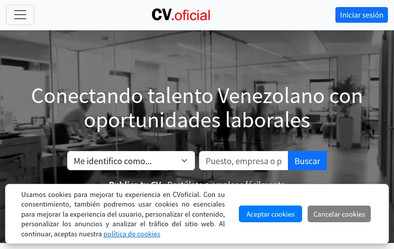 CVoficial Venezuela job board platform screenshot showing job search interface