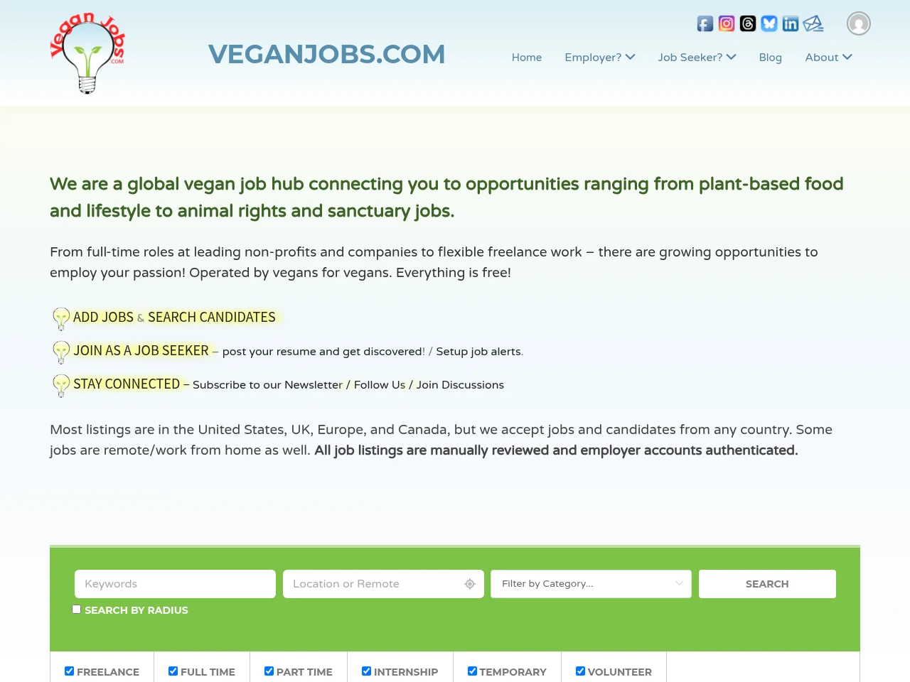 VeganJobs.com job board platform screenshot showing job search interface