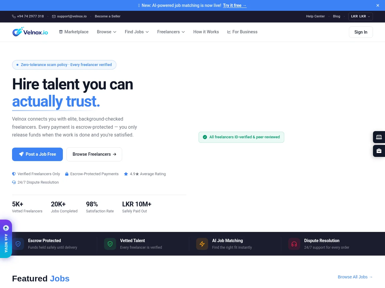 Velnox job board platform screenshot showing job search interface