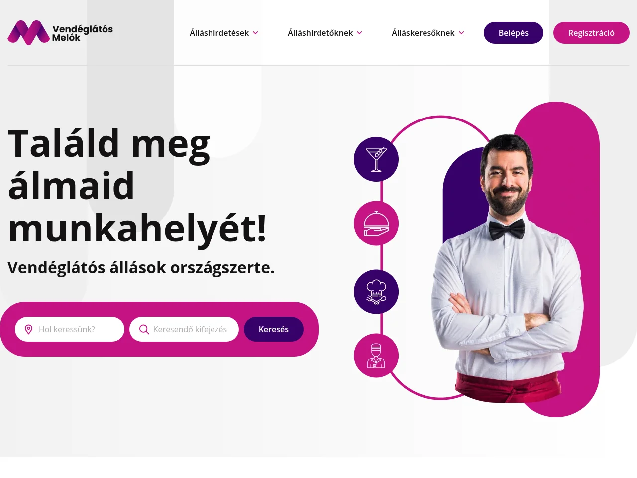 Vendéglátós Melók job board platform screenshot showing job search interface