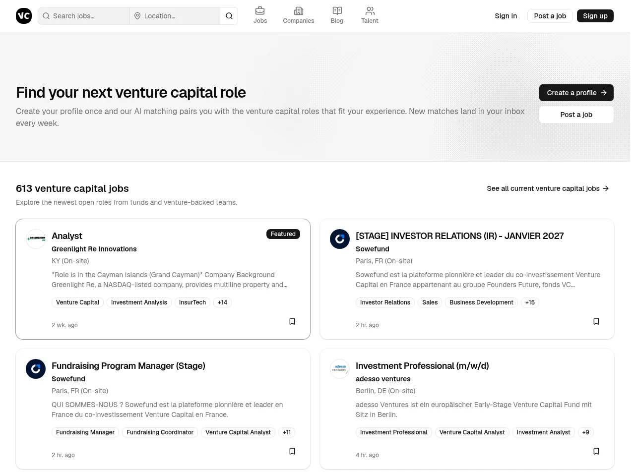 Venture Capital Careers job board platform screenshot showing job search interface