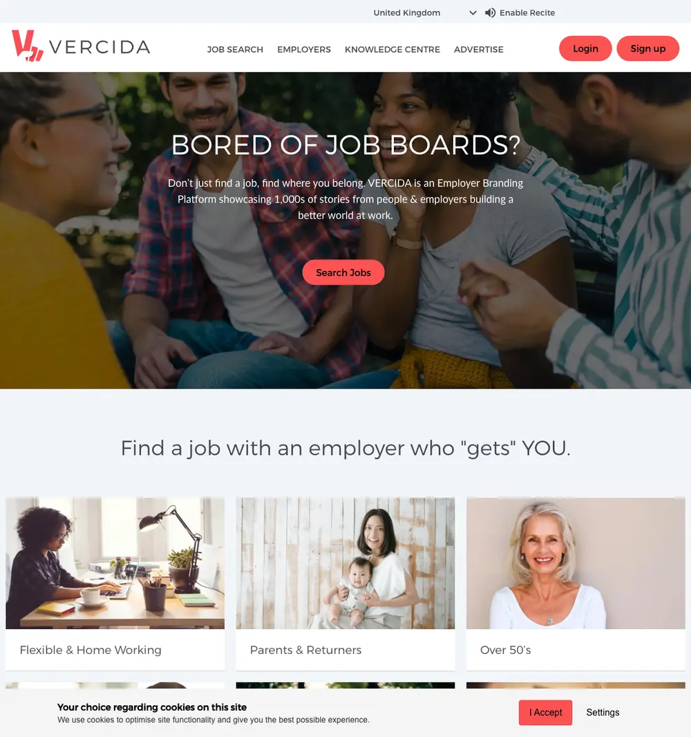 VERCIDA job board platform screenshot showing job search interface