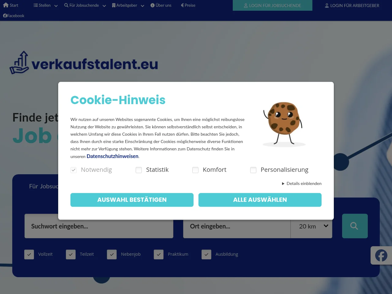 verkaufstalent.eu job board platform screenshot showing job search interface