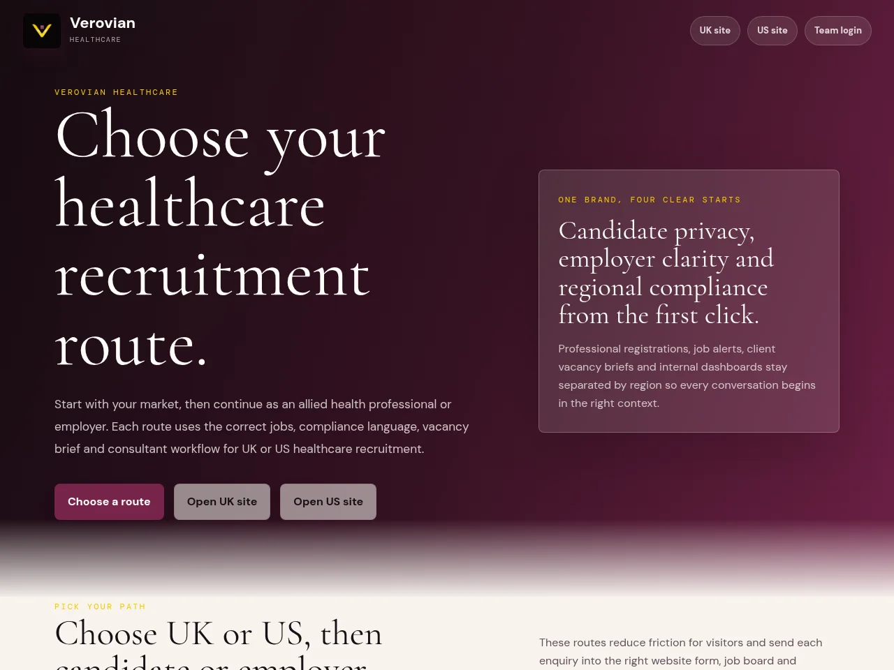 Verovian Healthcare job board platform screenshot showing job search interface