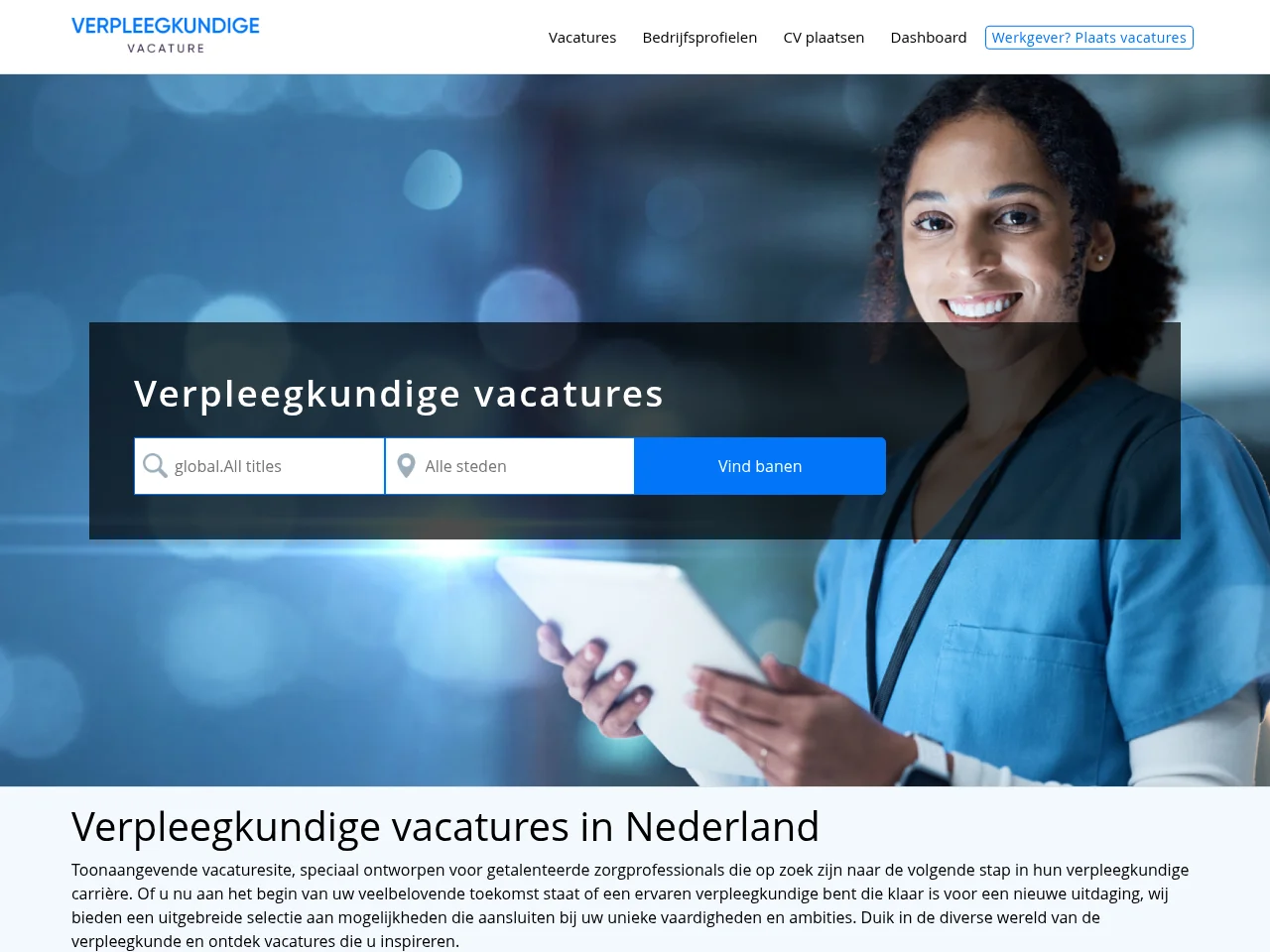 Verpleegkundige Vacature job board platform screenshot showing job search interface