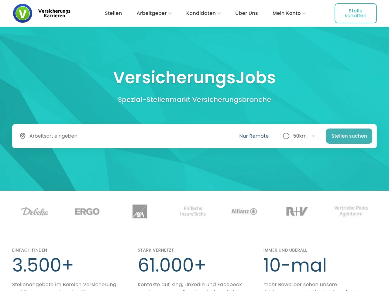 VersicherungsKarrieren job board platform screenshot showing job search interface