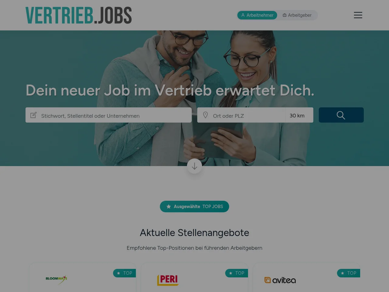 VERTRIEB.JOBS job board platform screenshot showing job search interface