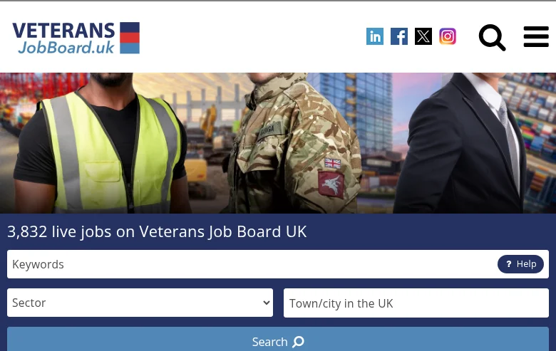 Veterans Job Board UK job board platform screenshot showing job search interface