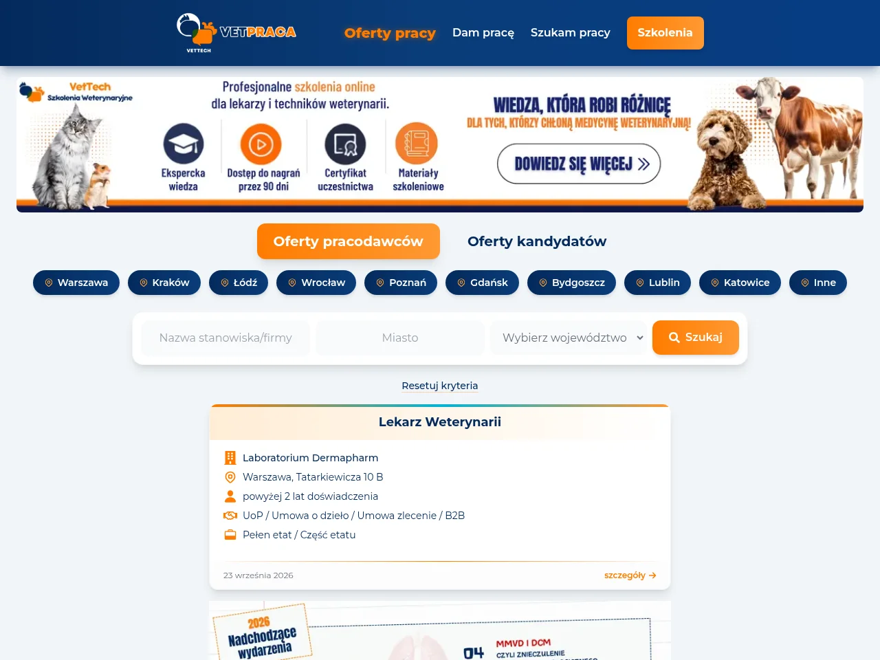 Vetpraca job board platform screenshot showing job search interface