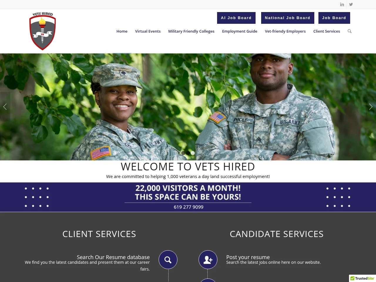 Vets Hired job board platform screenshot showing job search interface