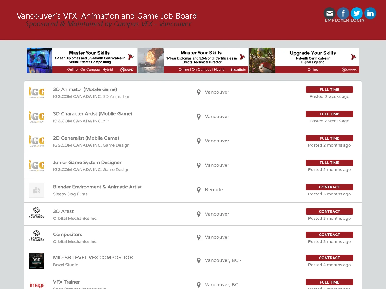 VFX Vancouver Job Board job board platform screenshot showing job search interface