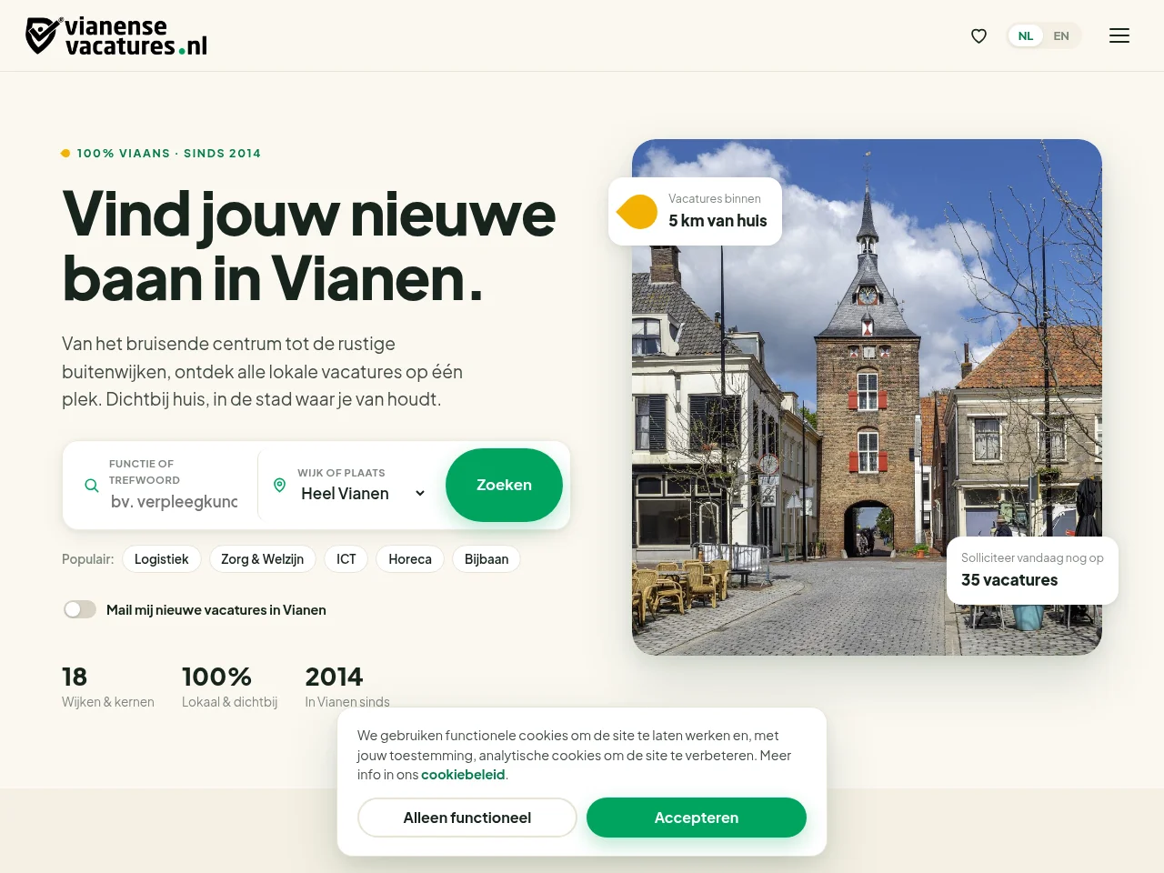 Vianensevacatures.nl job board platform screenshot showing job search interface