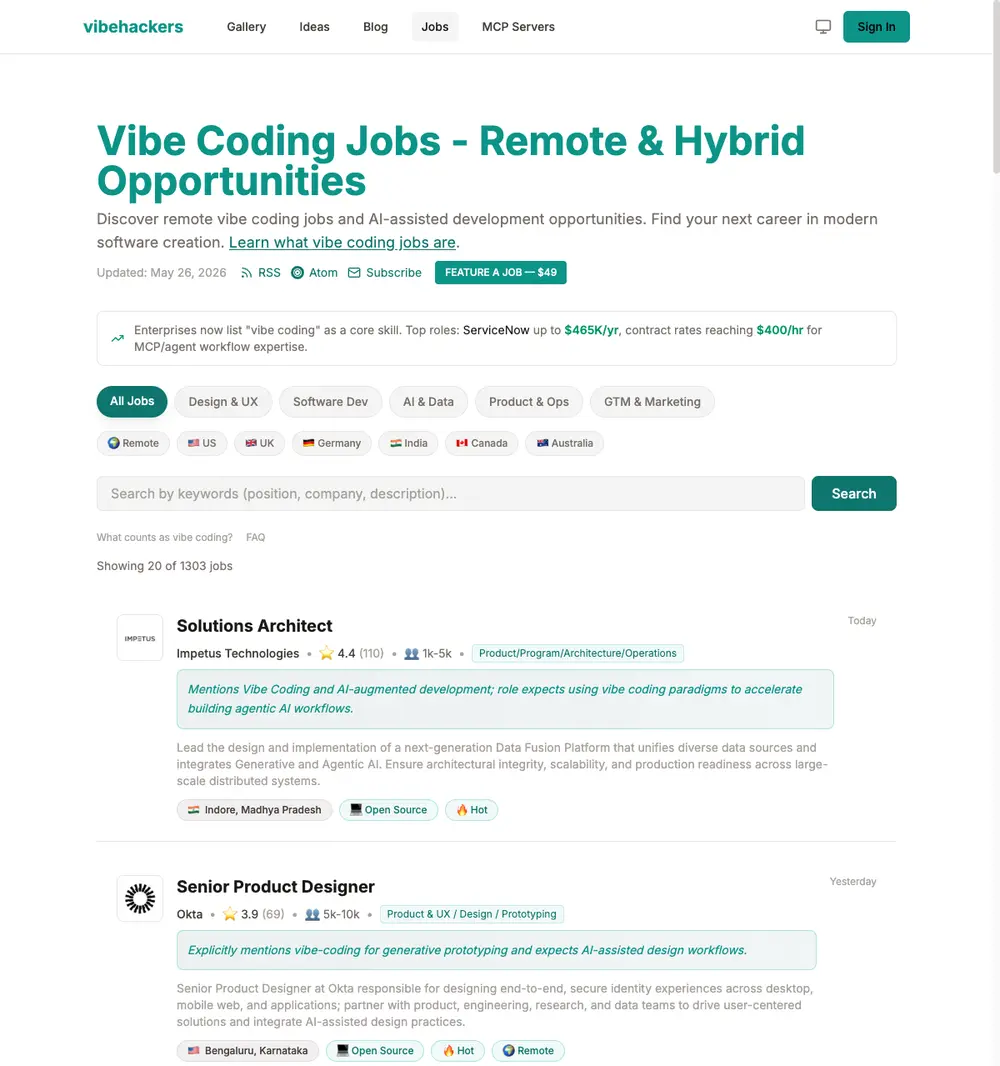 Vibehackers job board platform screenshot showing job search interface