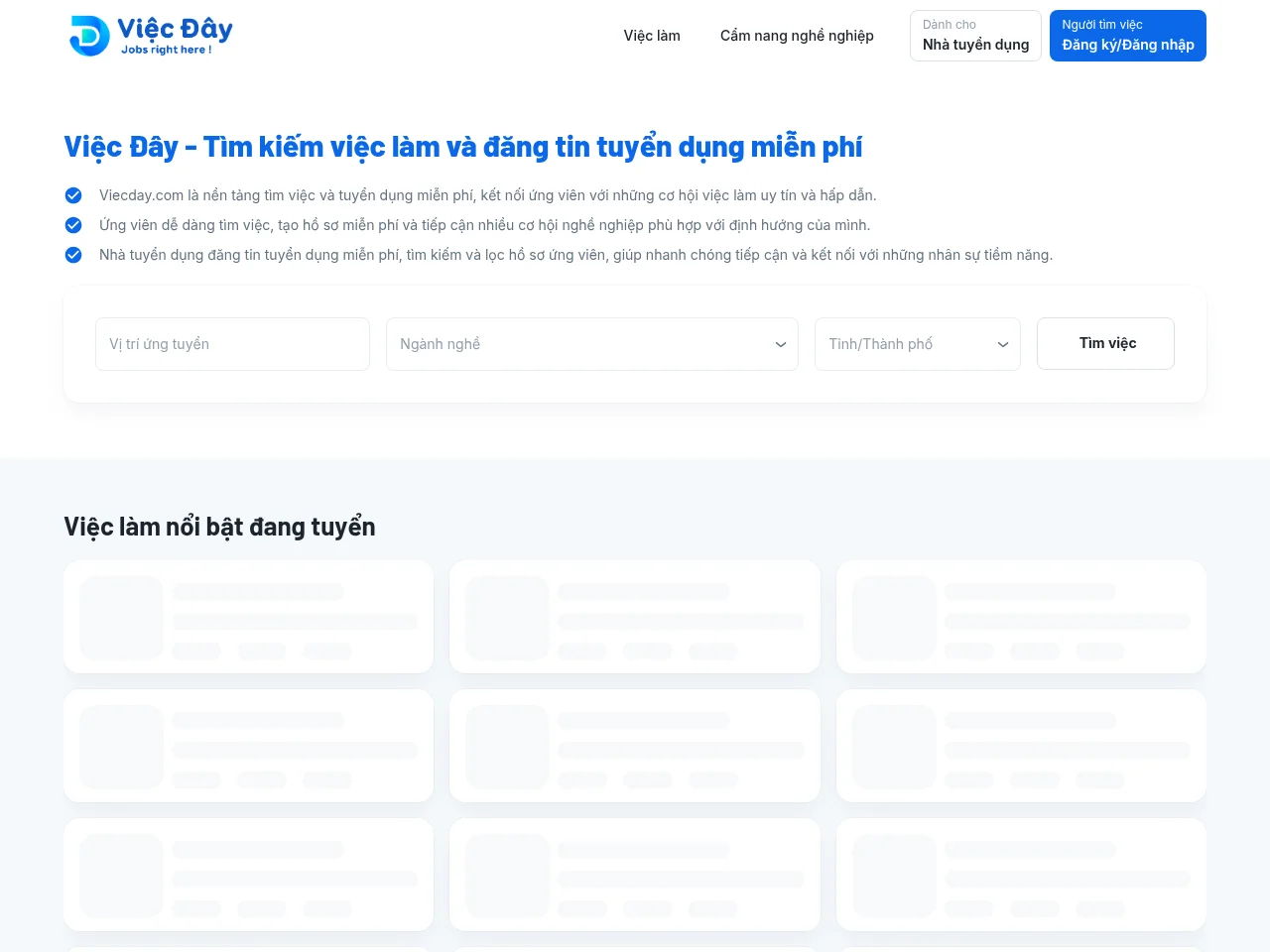 Việc Đây job board platform screenshot showing job search interface