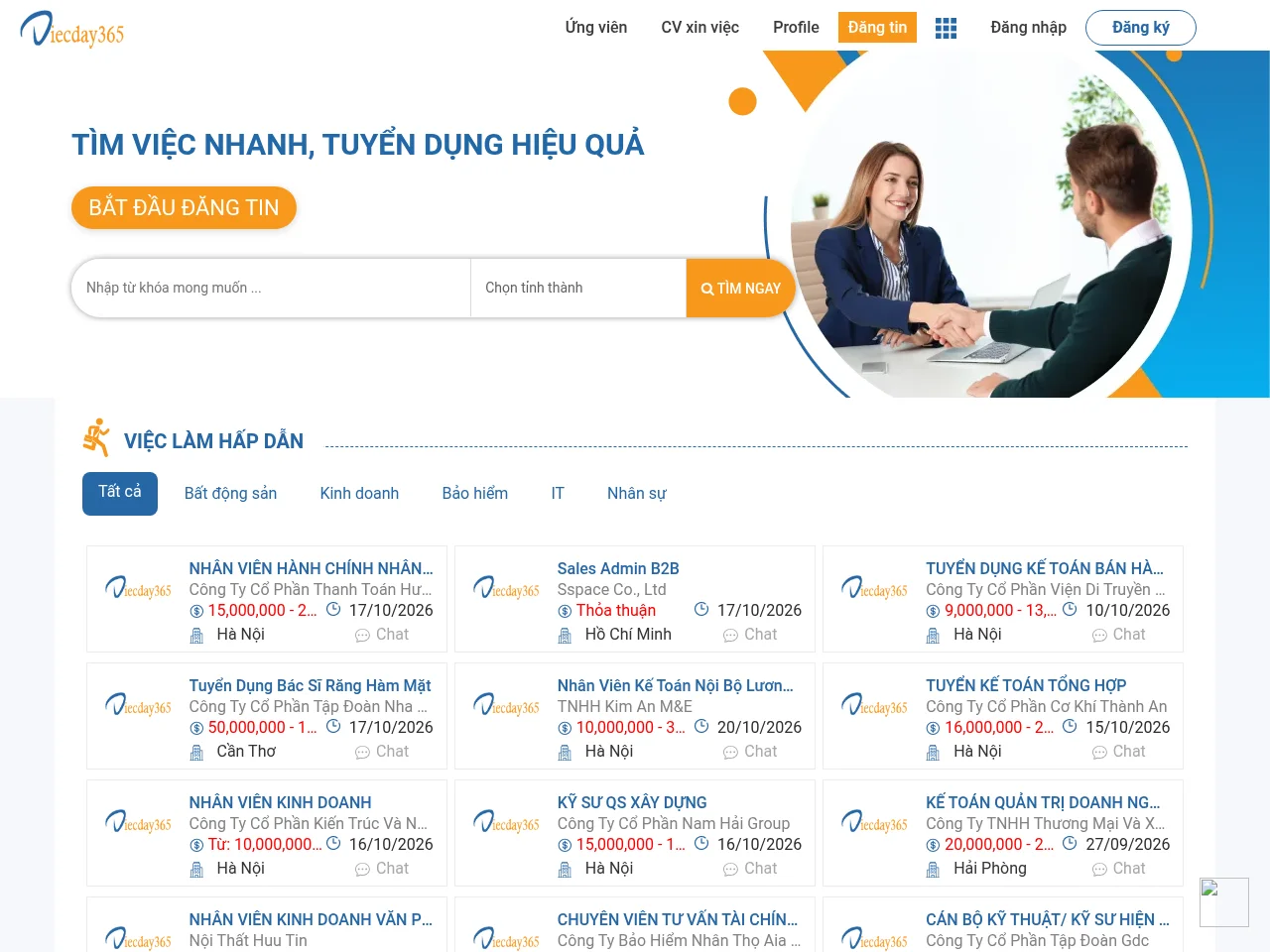 ViecDay365 job board platform screenshot showing job search interface