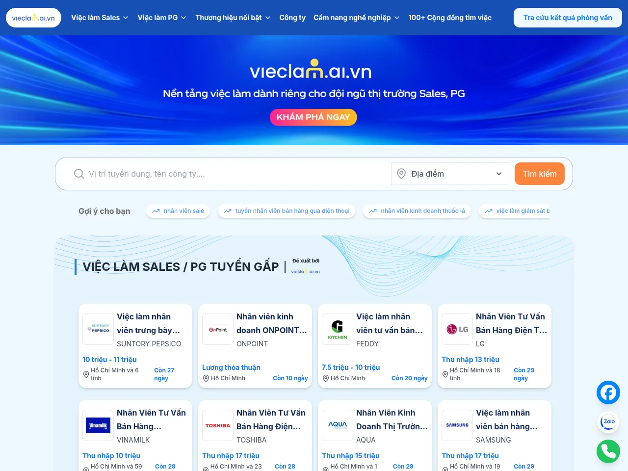 Vieclam.ai.vn job board platform screenshot showing job search interface